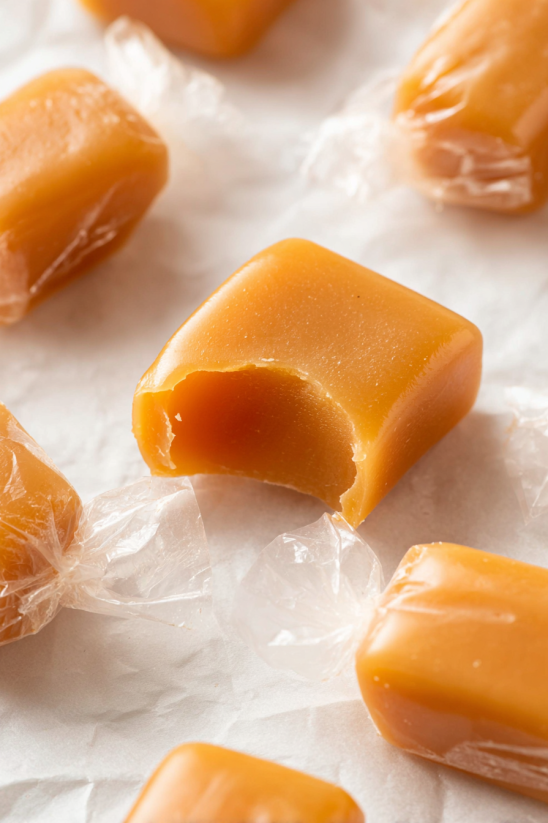 A piece of candy with a clear wrapper.