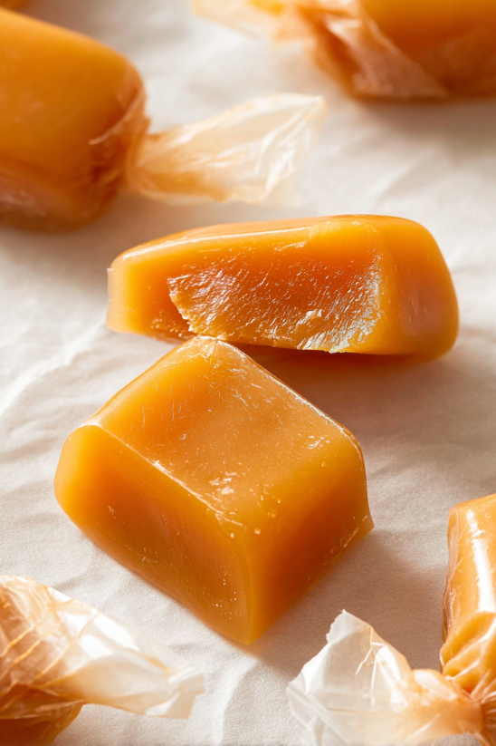 Two pieces of caramel on a table.