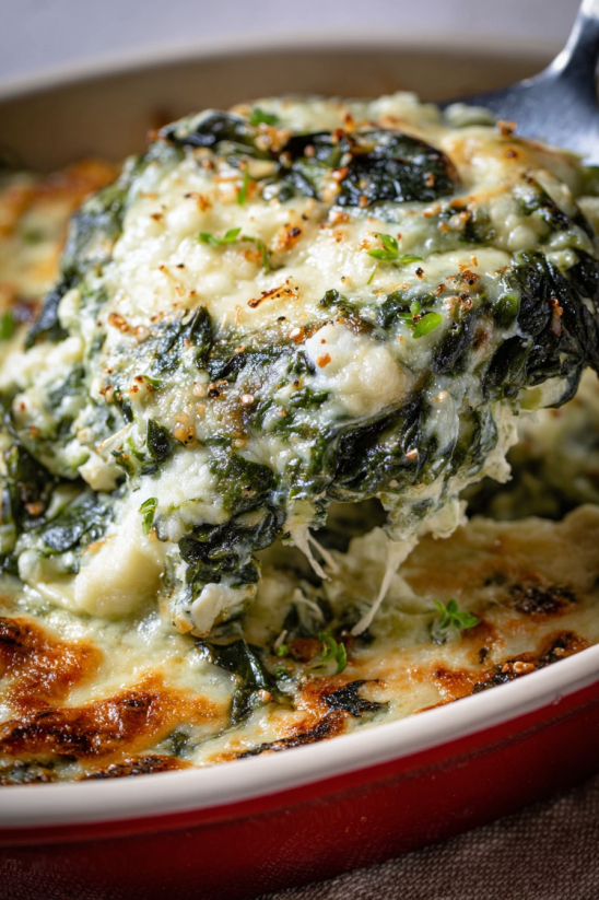 A close up of a spinach gratin.