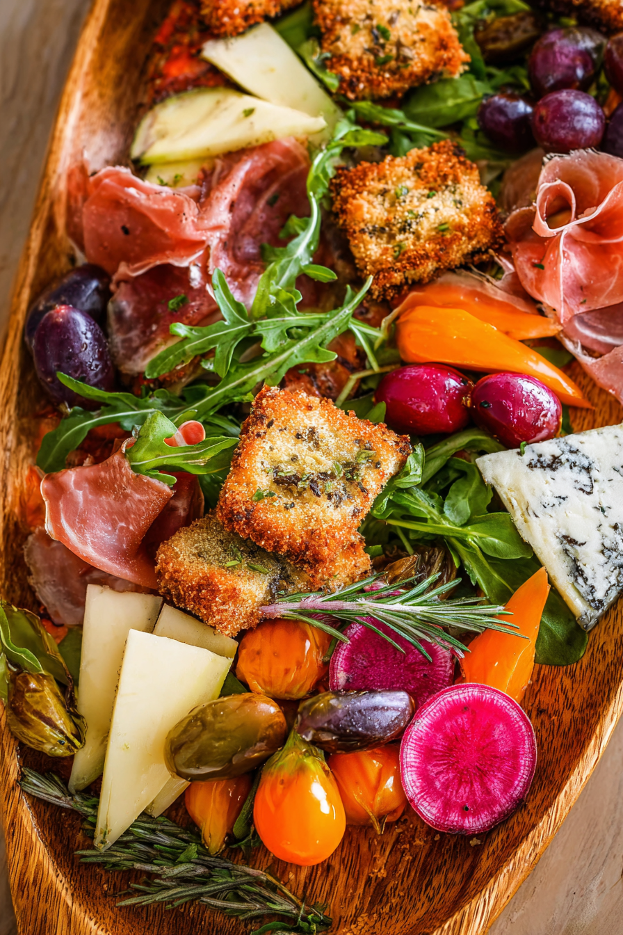 A wooden platter with a variety of food items.