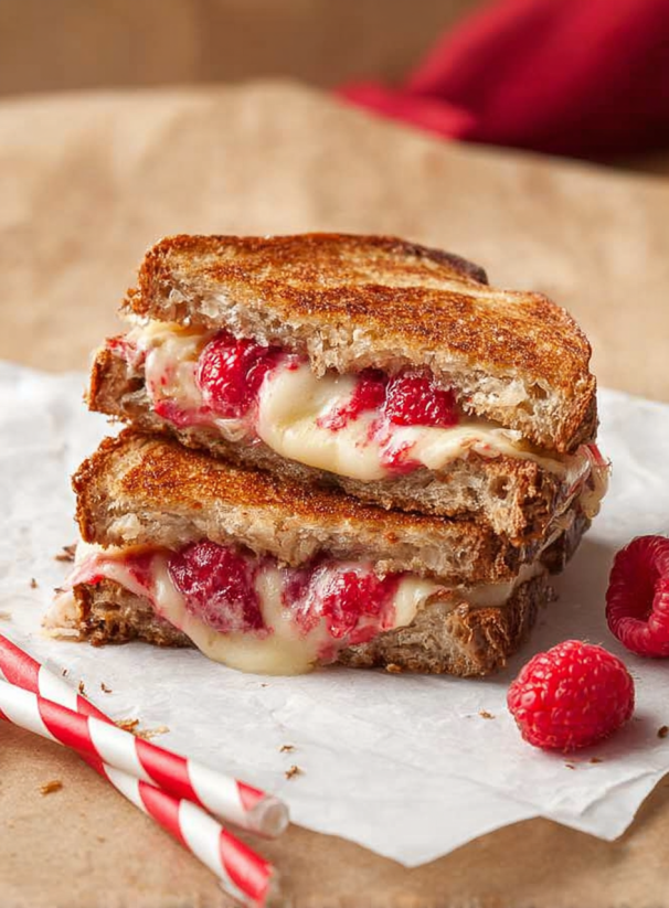A sandwich with red raspberries on top.