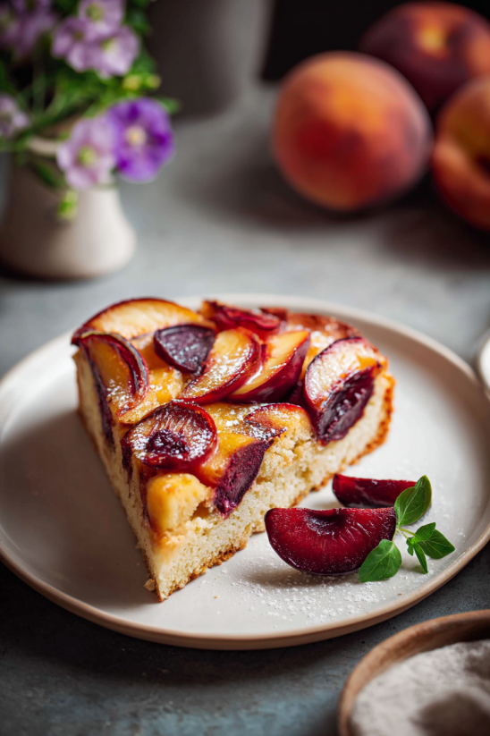 A slice of moist nectarine cake with blueberries on a plate.