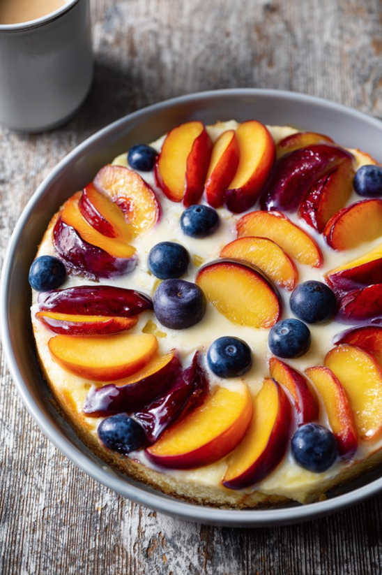 A cake with blueberries and peaches.