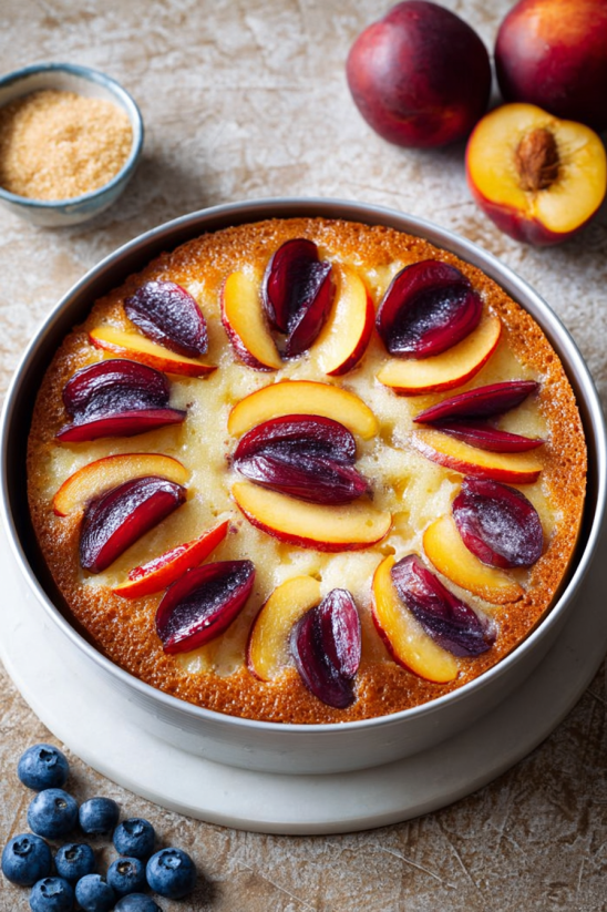 A cake with peaches on top.