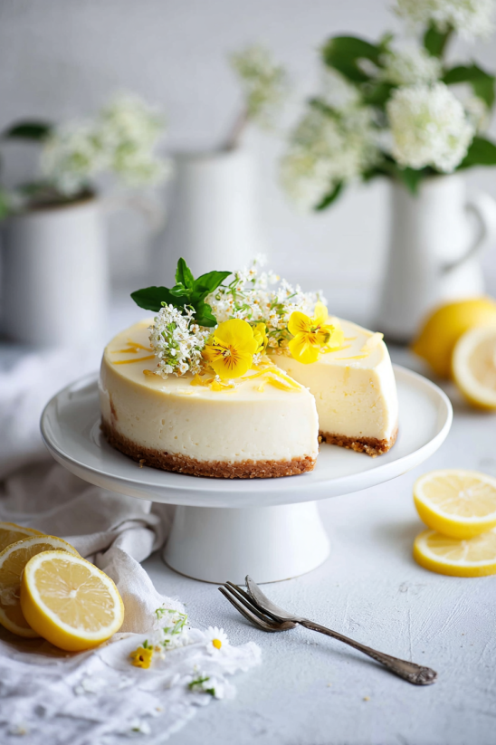A slice of cheesecake with yellow flowers on top.
