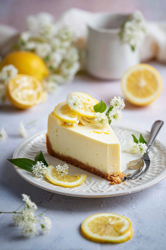A slice of lemon cheesecake with lemon wedges on the side.