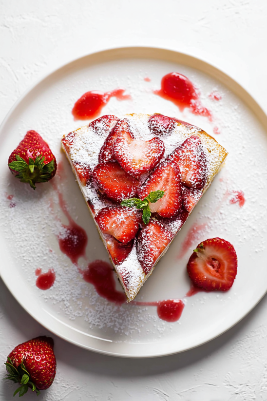 A slice of strawberry rhubarb cake with powdered sugar on top.
