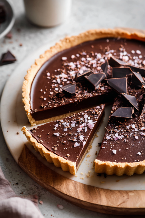 A slice of chocolate tart with salted caramel.