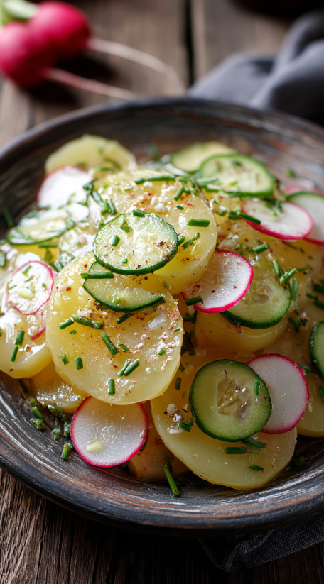 A bowl of potato salad with cucumbers and other vegetables.
