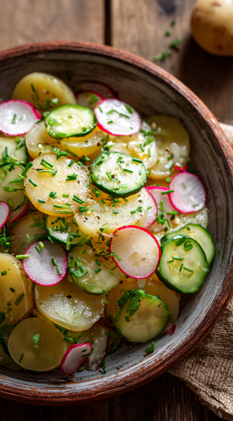 A bowl of vegetables including cucumbers, radishes, and potatoes.