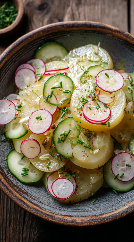 A bowl of sliced cucumbers and radishes.