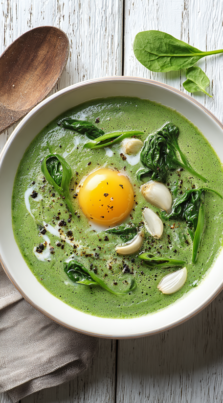 A bowl of soup with a fried egg in it.