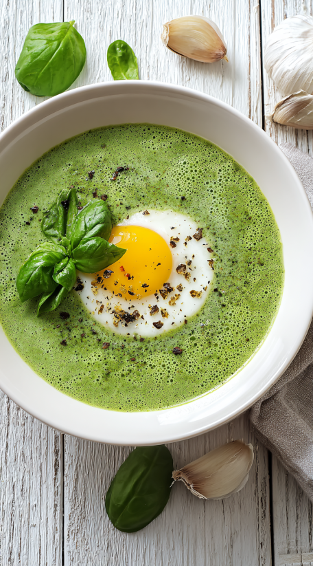 A bowl of soup with a fried egg in it.