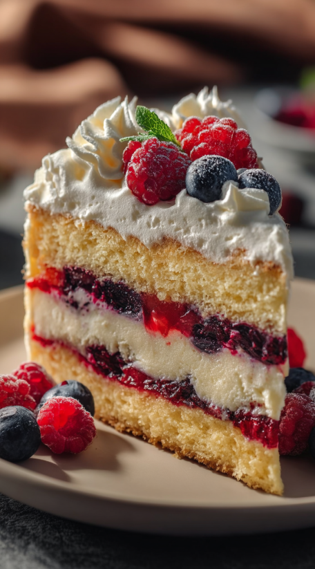 A slice of berry chantilly cake.