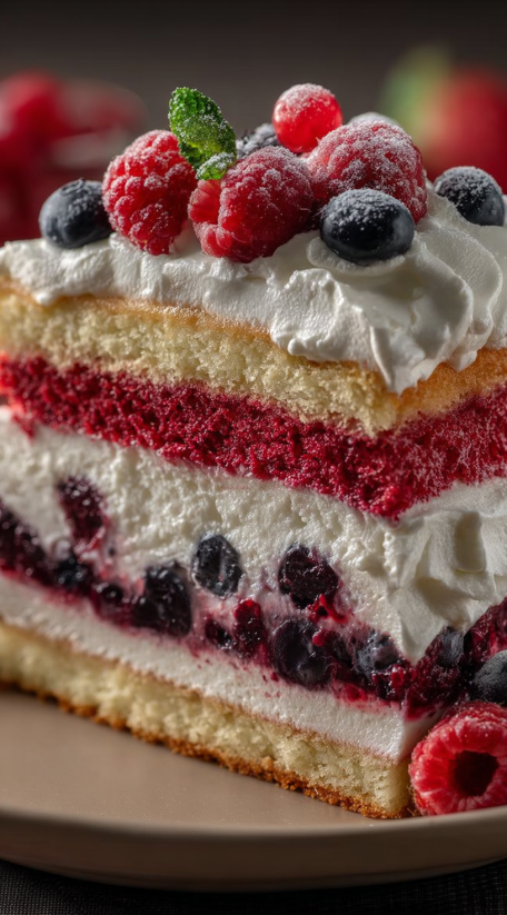 A slice of cake with blueberries and raspberries on top.