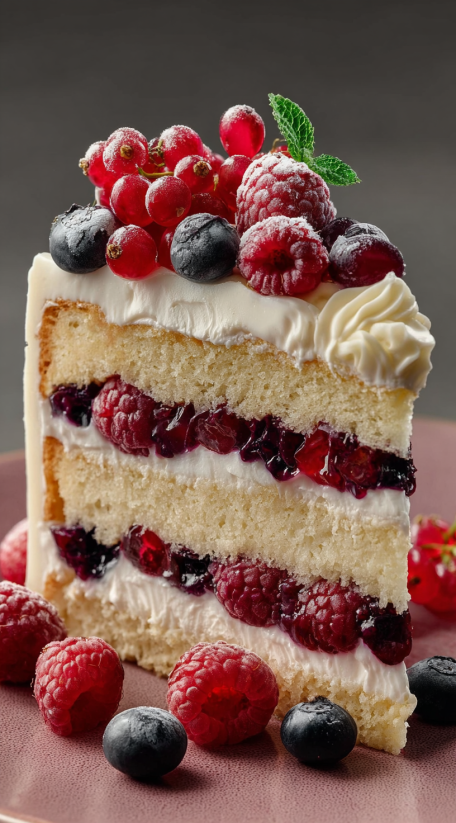 A slice of cake with berries on top.