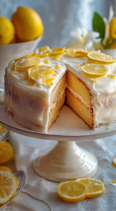 A slice of cake with lemon on top.