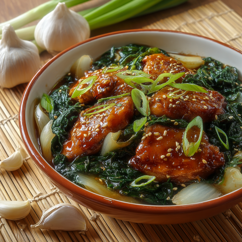 A bowl of food with onions and garlic.