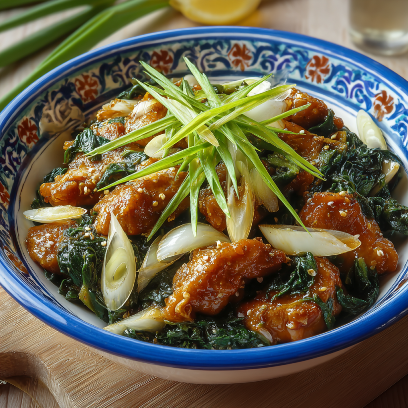 A bowl of food with onions and greens.