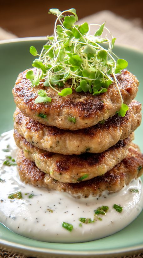 A stack of lentil cakes with greens on top.