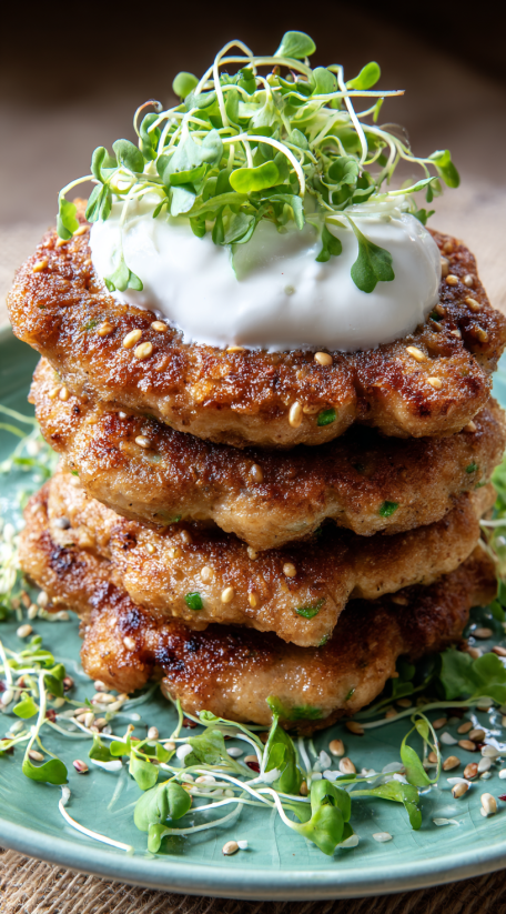 A stack of meat patties with a dollop of sour cream on top.