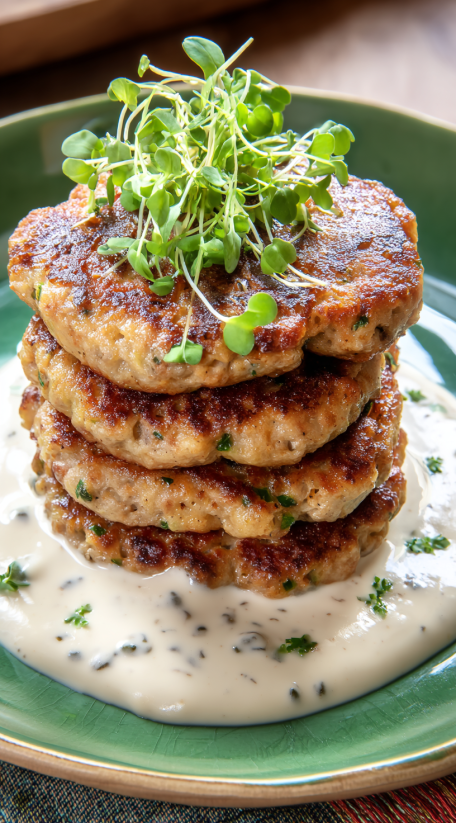 A stack of meat patties with greens on top.