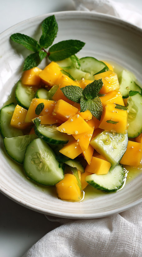A bowl of mango cucumber salad.