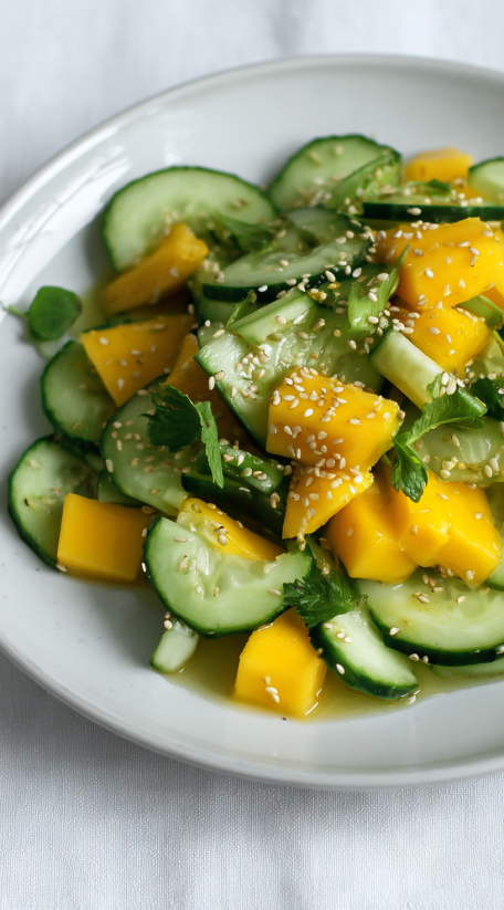 A plate of food with cucumbers and other vegetables.
