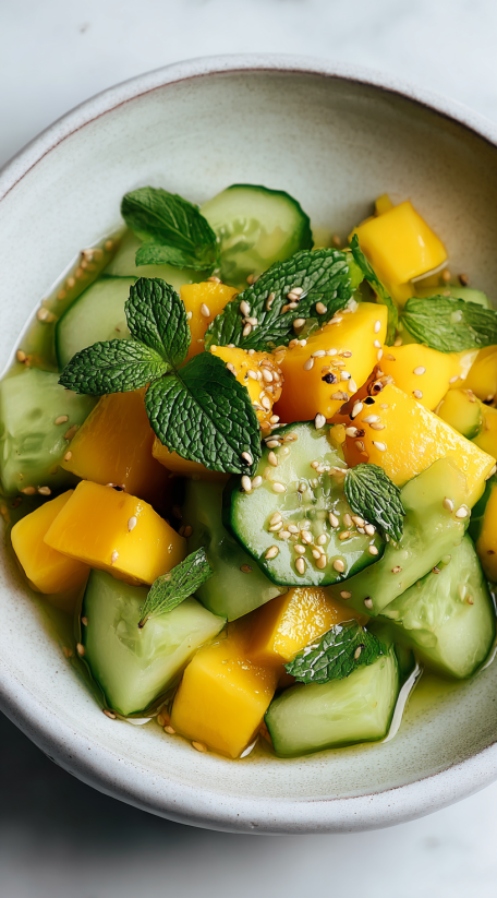A bowl of fruit with cucumbers and mint.