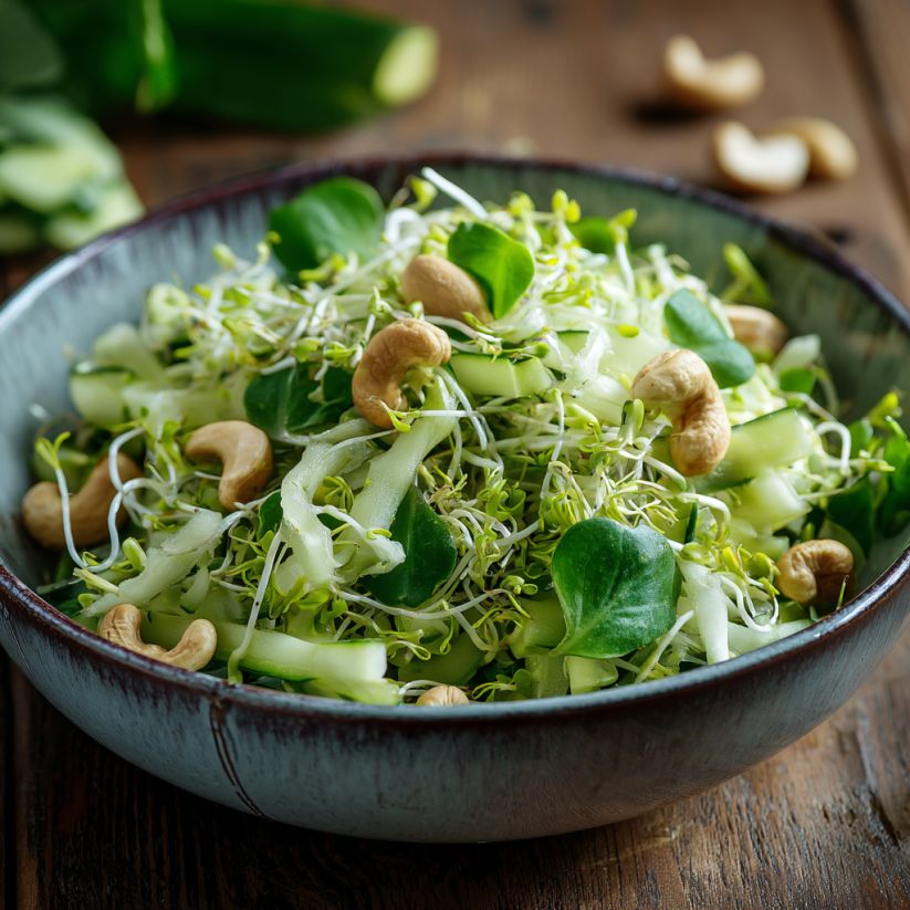 A bowl of salad with almonds and greens.