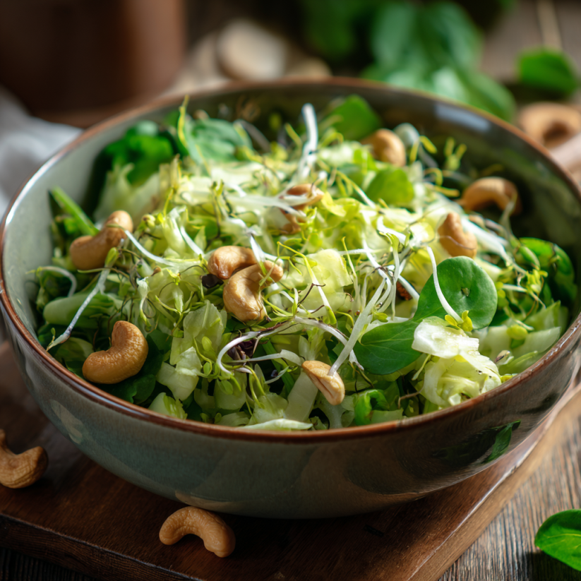 A bowl of salad with nuts and greens.