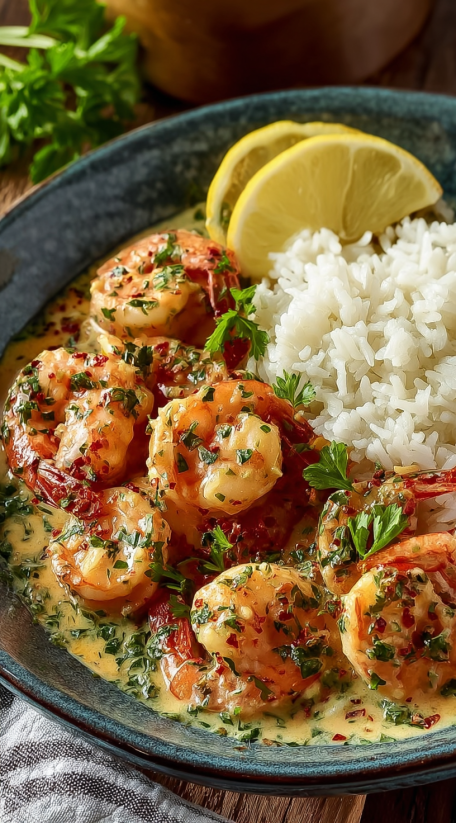 A plate of shrimp and rice.