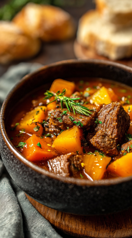 A bowl of beef stew with butternut squash.
