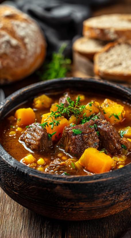 A bowl of soup with meat and vegetables.