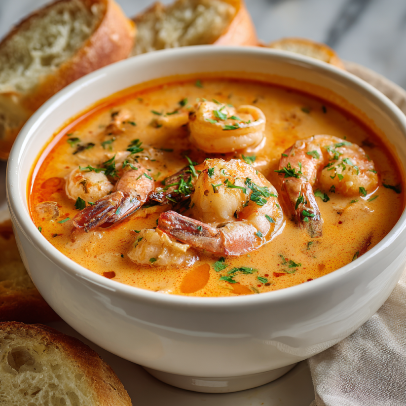 A bowl of shrimp and crab bisque.