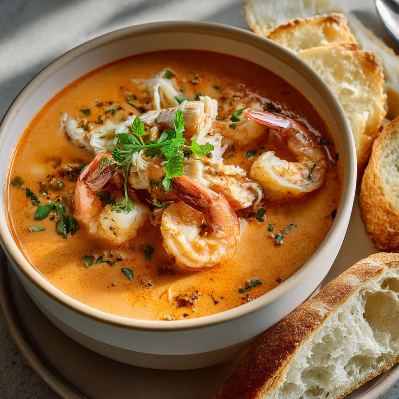 A bowl of shrimp soup with bread.
