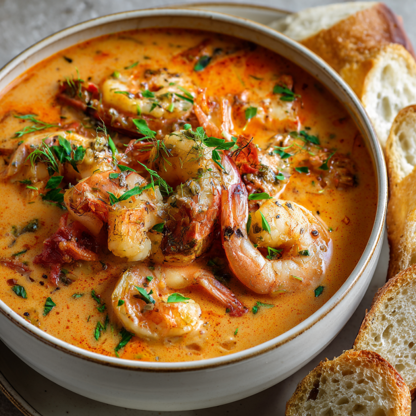 A bowl of shrimp soup with a slice of bread on the side.