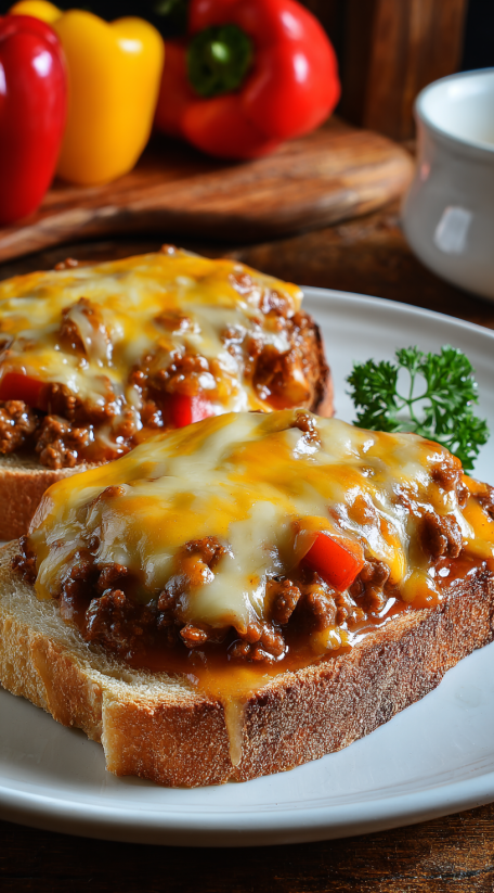 Two pieces of Texas Toast with Sloppy Joes.