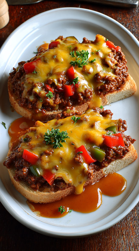 Two pieces of bread with chili cheese on top.