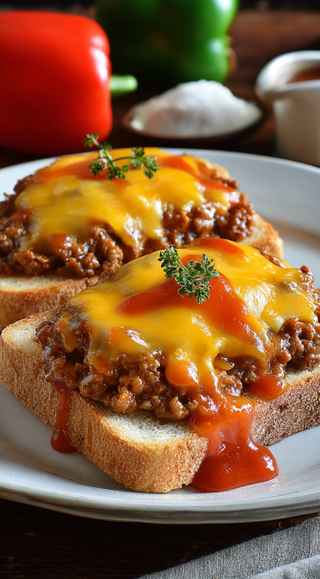 Two slices of bread with meat and cheese on top.