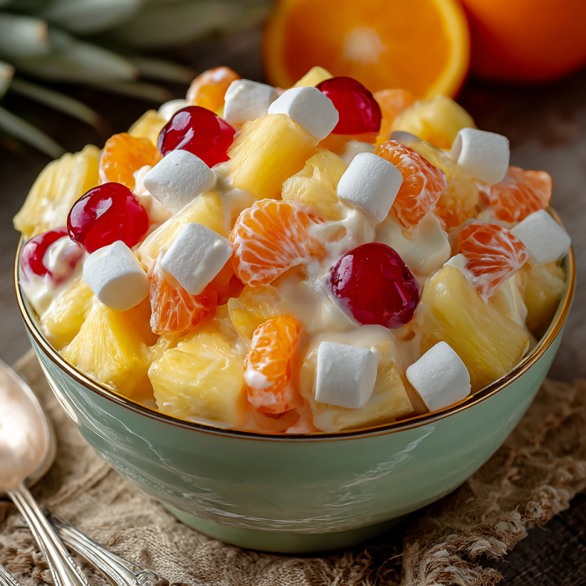 A bowl of fruit salad with oranges, pineapple, and marshmallows.