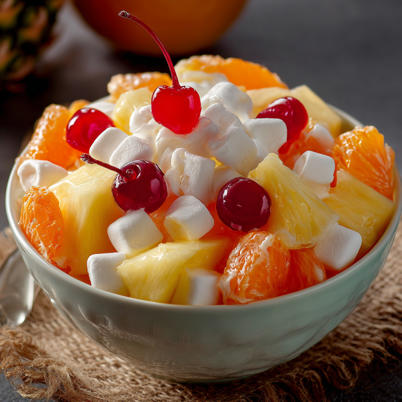 A bowl of fruit with pineapple and cherries.