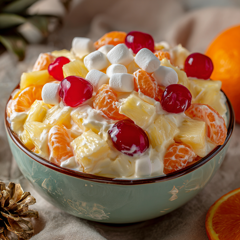 A bowl of fruit with marshmallows and a cherry on top.