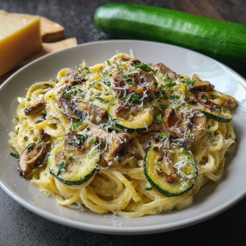 A plate of pasta with mushrooms and zucchini.