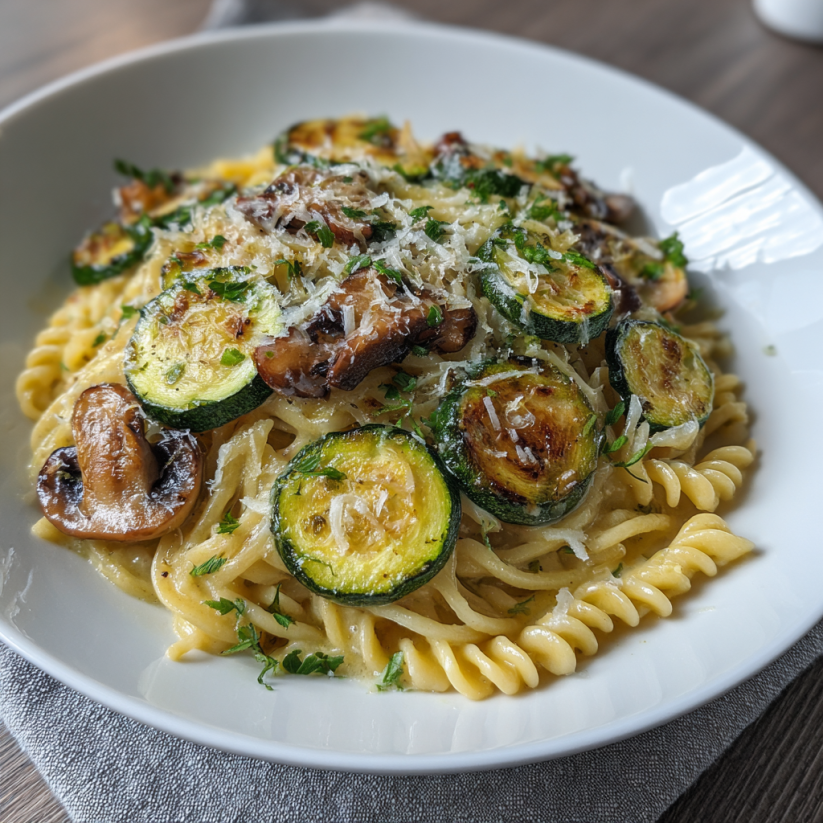 A plate of pasta with vegetables.