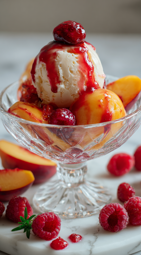 A bowl of Peach Melba with a scoop of ice cream.