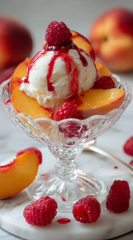 A glass bowl with a scoop of ice cream and a raspberry on top.