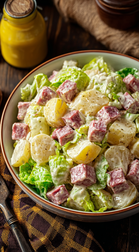 A bowl of salad with meat and potatoes.