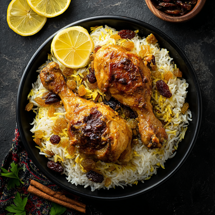 A plate of chicken Mandi with rice and lemon wedges.