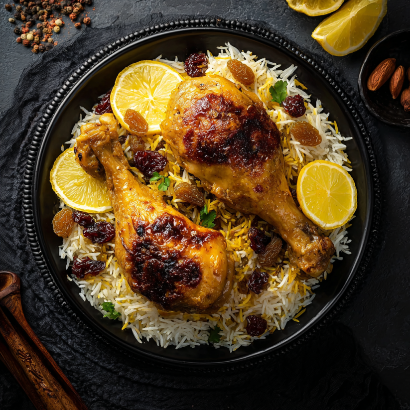A plate of food with chicken and rice.